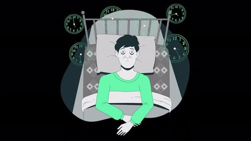Mann mit Schlafstörungen, der nicht schlafen kann, wenn zu viele Uhren um ihn herum sind, mit Alphakanal-Animation 4k