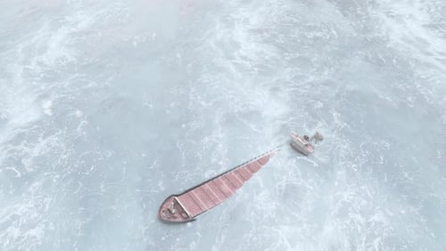 Frachtschiff steckt auf gefrorenem Meereis fest, Luftaufnahme von oben nach unten