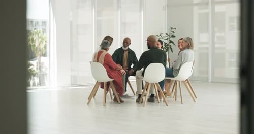 Business people, talking or counselling in circle for wellness with mental health