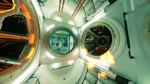 Interior View of a Space Station Module Showing Equipment and Storage Areas