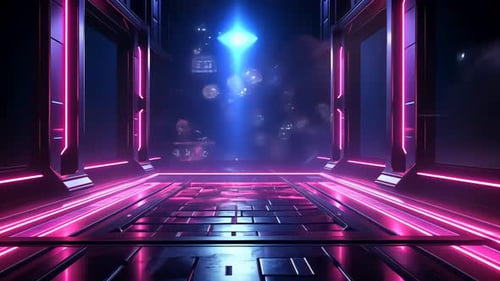 Futuristic corridor with vibrant neon lighting