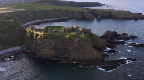 Aerial view of Dunnottar Castle, United Kingdom.
