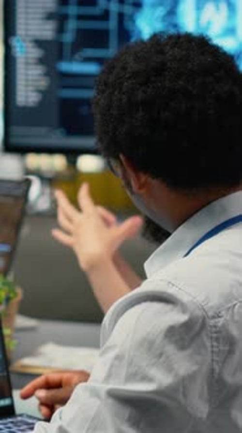 Vertical Video Data Scientists in Startup Office Brainstorming Leveraging AI Tech