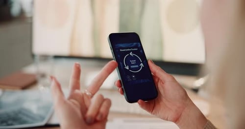 Hands, woman and phone screen with period tracker for counting days, menstrual cycle