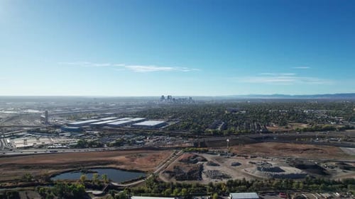 Stationary drone aerial view of rush hour traffic in Denver, CO
