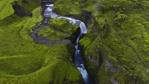 Aerial View of Icelandic Highland Canyon Waterfall and Gorge