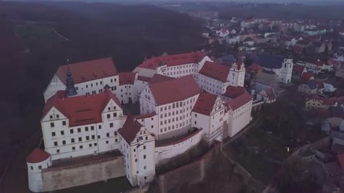 Aerial view of castleon a hill in an old medieval German town