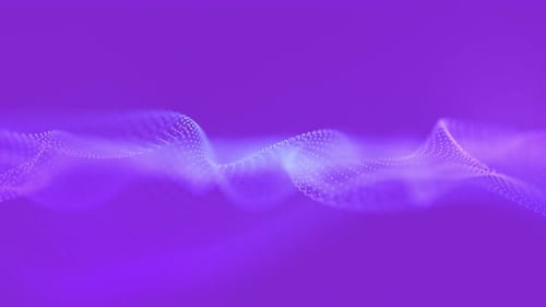 Abstrakte Wellenoszillation. Abstrakte leuchtende digitale Cyberwellen-Partikel, Punkte, Bewegungen auf violetter Rückseite