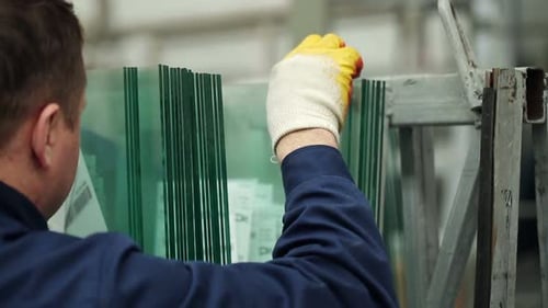 Worker at the Factory and Glass. Thermopanes Accuracy
