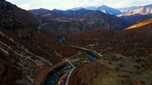 Aerial View of Mountain Valley River Landscape