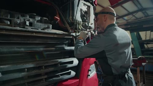 Male Mechanic Repairing Truck Hood in Car Service