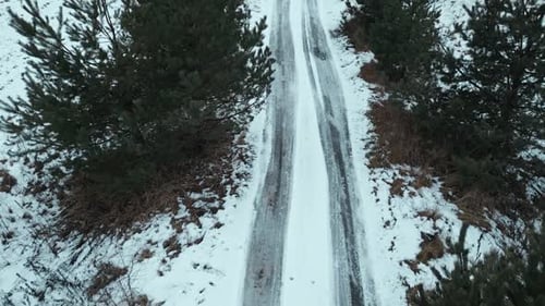 A Stunning Aerial View of a SnowCovered Path Winding Through Majestic Evergreen Trees in a Winter