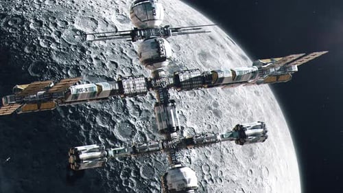 Aufnahme einer futuristischen Raumstation, die den Mond umkreist