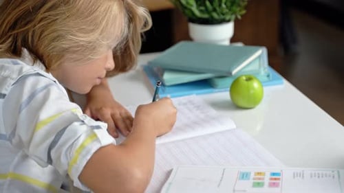 Middle School Smiling Student Boy Sitting at Desk Studying Writing Book Homework and Tablet at Class