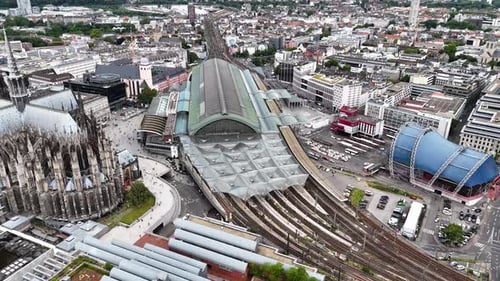 Aerial view of Cologne Central Station in Cologne city (Koln), Germany