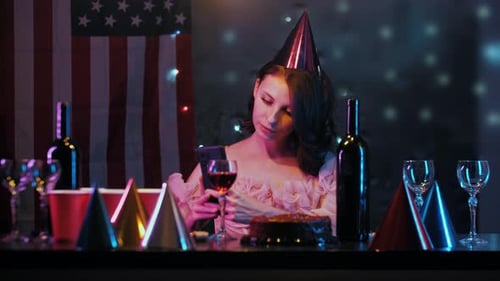 Woman Celebrating Birthday Party with American Flag