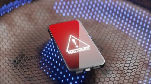 As ondas se espalham sob o smartphone desbloqueado. Smartphone com jailbreak. Smartphone com malware inscrito