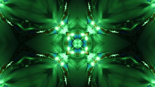 Green and blue abstract design with black background and blue and red design. Kaleidoscope VJ loop