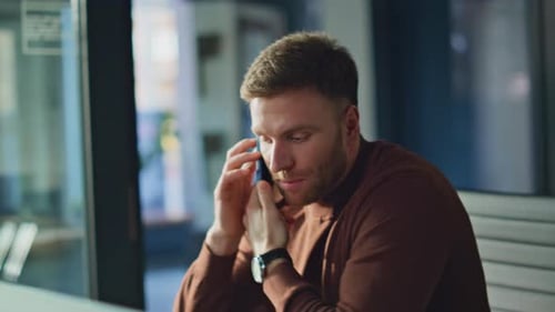 Positive Consultant Talking Mobile Phone in Office Closeup Professional Manager