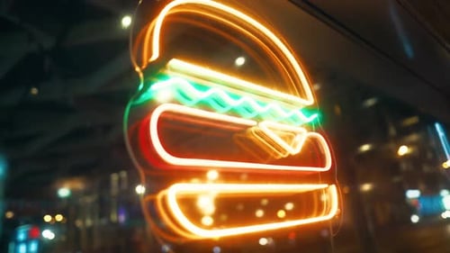 Illuminated Neon Hamburger Sign in Urban Night