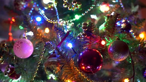Close Up Christmas Tree with Ornaments and Lights