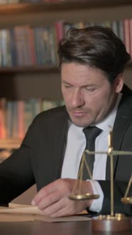 Upset Lawyer Reading Legal Documents in Office, vertical