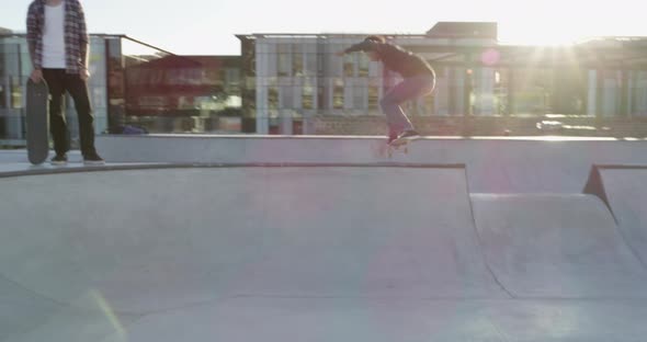 Trick, park ramp and people with skateboard for exercise, practice and ...