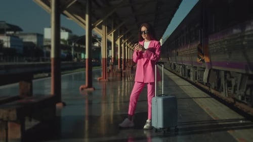 A Gorgeous Woman in a Pink Suit is Standing at the Train Station Talking on Her Mobile Phone