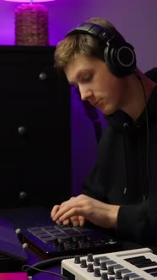 Young Man Making Music with Beat Machine at Home