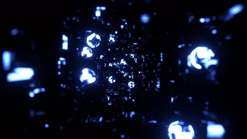 Hellblau bewegt sich durch den Tunnel mit ungewöhnlichen Lichtkugeln im Hintergrund VJ Loop in 4K