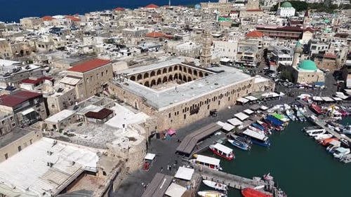 Aerial video over the old city of Acre in northern Israel
