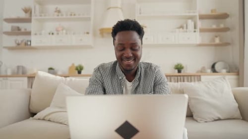 Portrait of Happy Freelancer Working with Computer at Home Office Black Man African American Male