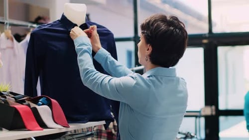 Woman Styling Mannequin in Clothing Boutique