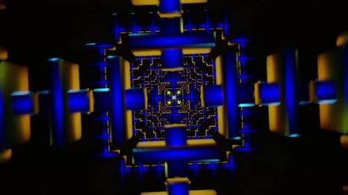 Seamless VJ Loop Motion Background with Neon Geometric Tunnel and Cubes