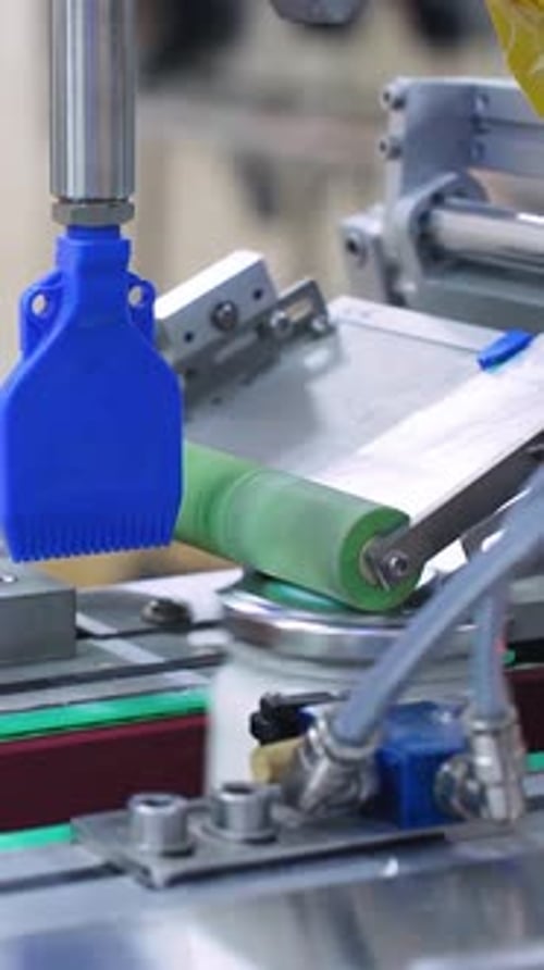 Automatic Line for Gluing Labels on Cans of Dairy Products at a Dairy Factory Automated Conveyor
