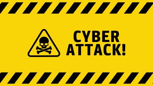 Animated Cyber Attack Warning Sign with Skull and Crossbones