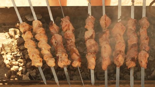 Delicious Grilled Meat Skewers Cooking Over Hot Coals
