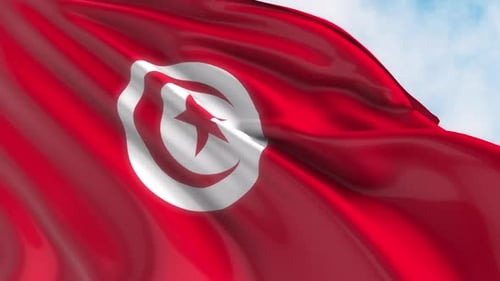 Waving Tunisian Flag Against Blue Sky