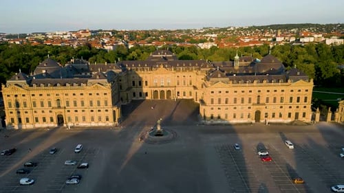4K Aerial Drone Video of the Franconia Fountain in front of the Historic Residence Palace in Würzbur