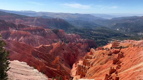 A wide, static view of beautiful canyons and river valleys from a top of a mountain in Zion National