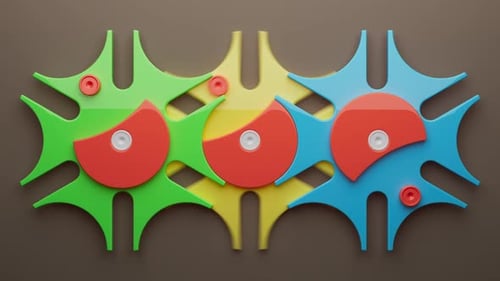 Looping 3D animation multi-colored plastic toy gears.