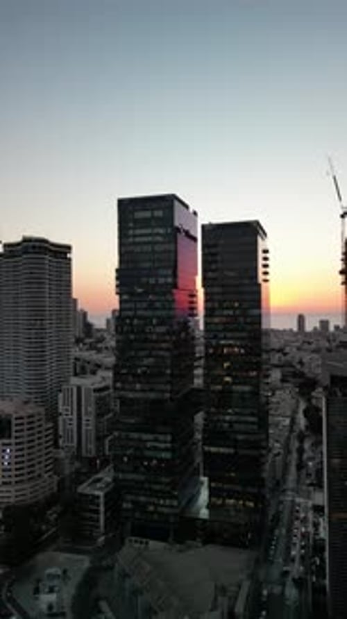 Aerial video of skyscrapers in Tel Aviv at sunset Israel