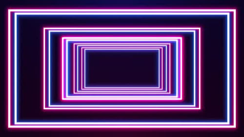 Neonleuchtender quadratischer Tunnel mit sich schnell bewegenden Lichtlinien. Futuristischer Korridor im Hintergrund mit Neon