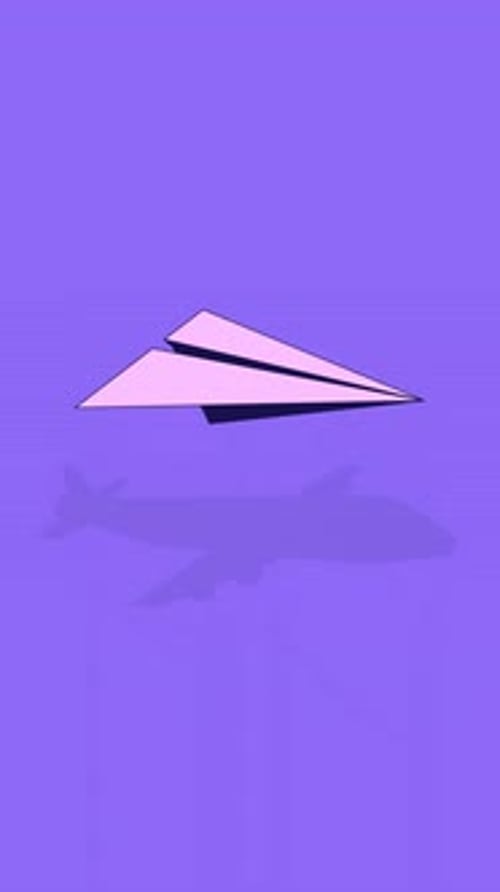 Paper plane with airplane drop shadow on purple background lofi vertical animation