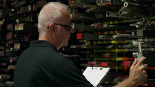 Warehouse Manager Measuring Metal Stock Using Caliper