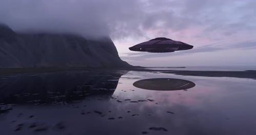 Ufo Flying Saucer Close to beach with mist, aerial view