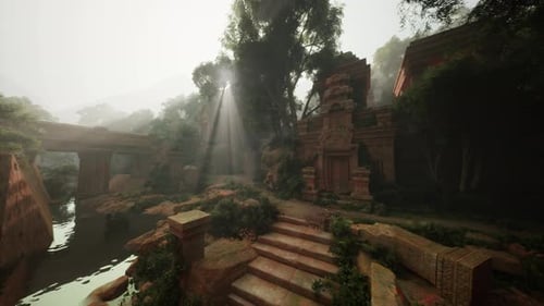 Individual Photograph Maker and Guide Ascend Towards Old Sunlit Temple Entrance