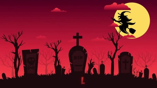 Animated Happy Halloween Graveyard Greeting with Flying Witch and Zombie