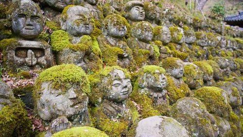 Estátuas de arhat cobertas de musgo cobrindo a encosta ao redor do terreno do templo no Otagi Nenbutsuji T