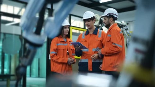 Eine Gruppe von Robotikingenieuren, die mit dem Programmieren und Manipulieren der Roboterhand arbeiten